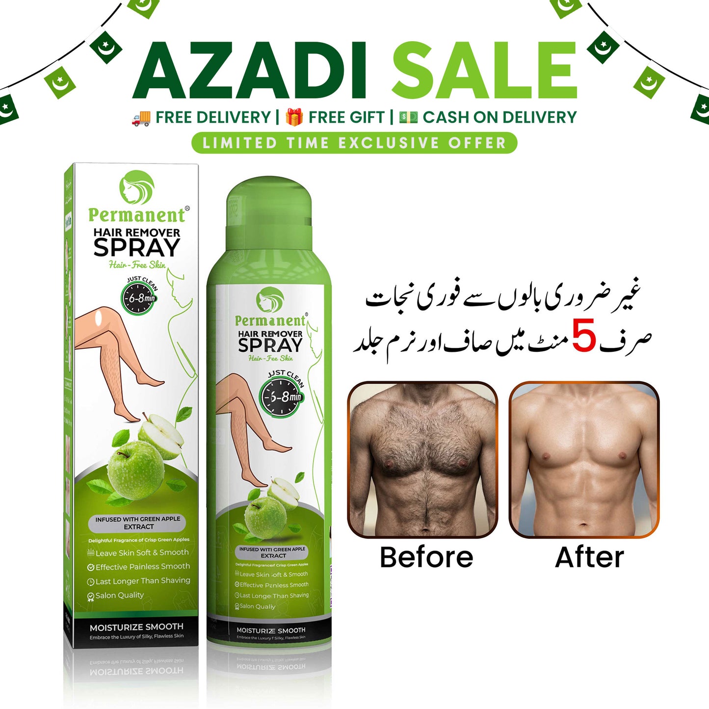 Permanent Hair Removal Spray Green Apple Flavor (200ml)